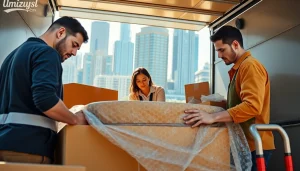 Umzugsfirma packt Möbel professionell in einem umweltfreundlichen Stadtumzug.