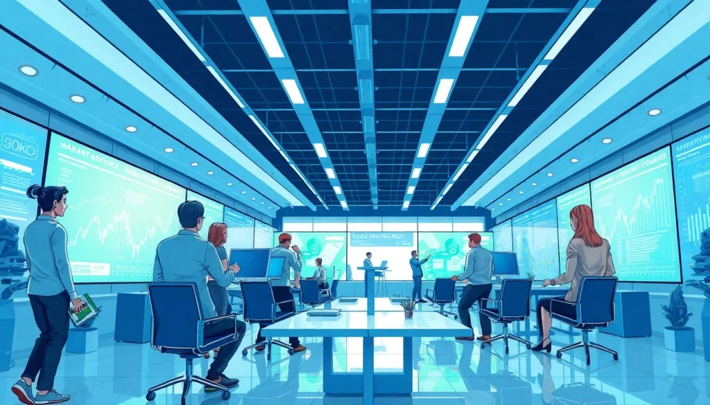 Visualize how does an AI powered warranty company work in a modern office with diverse professionals.