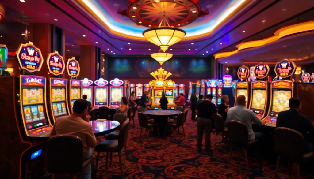 Rasakan keseruan slot Depo 5k di kasino yang meriah, dengan pemain menikmati kemenangan mereka.