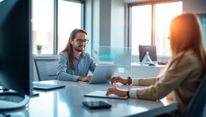 Engaged AI Employee collaborating in a modern office environment, showcasing teamwork.