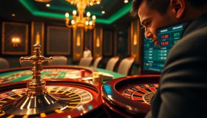 Betting action showcasing tỷ số bóng đá 7m on a luxurious casino interface with roulette and poker elements.
