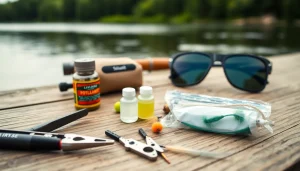 Showcase essential Fly fishing accessories on a table beside a river, highlighting tools and gear.