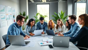 Showcasing business growth insights through team collaboration in a modern office.