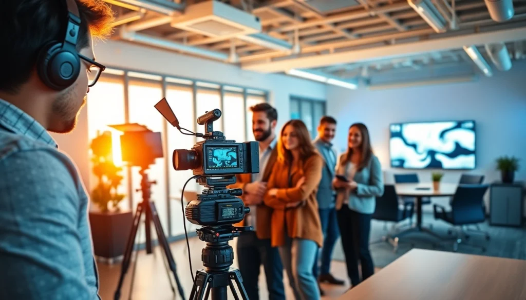 Capture dynamic corporate video production Calgary with a professional team collaborating in an office.
