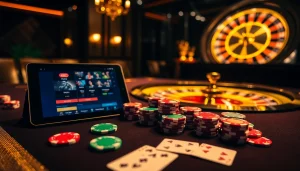 Experience the thrill of gambling at https://ok88.tech/ with an exciting casino scene featuring vibrant casino tables and slot machines.