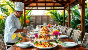 St Martin private chef crafting a gourmet meal in an elegant outdoor setting.