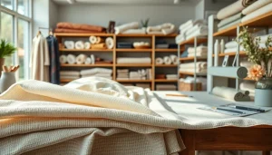 Linnen stoffen in diverse kleuren en structuren gepresenteerd in een boutique.