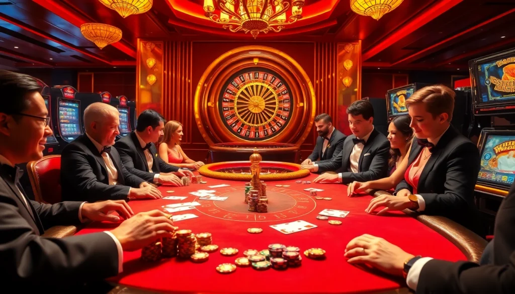 Players at a luxury poker table strategizing their moves in a glamorous casino setting with vn168 undertones.