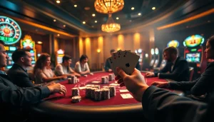 Players experience the thrill of high-stakes poker at tylekeo.asia with vibrant scenes of winning cards and chips.