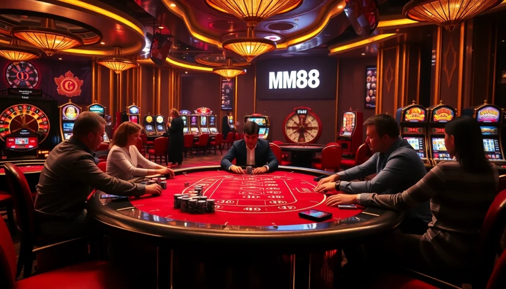 MM88 poker players engaging in an exciting high-stakes game in a glamorous casino.