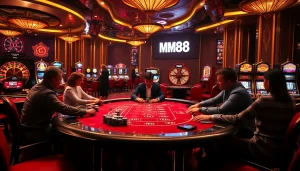 MM88 poker players engaging in an exciting high-stakes game in a glamorous casino.