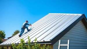 Installing metal roofing with a skilled worker, showcasing professional craftsmanship and modern design.