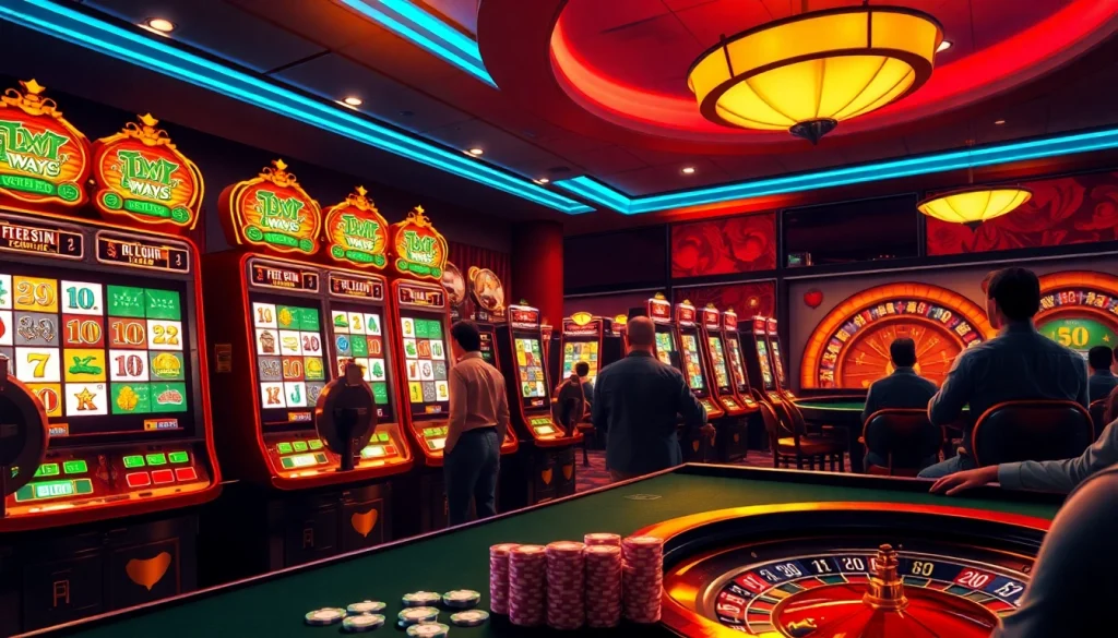 Experience the thrills of Mahjong Ways 2 slot machine gameplay in a vibrant casino atmosphere filled with excitement.