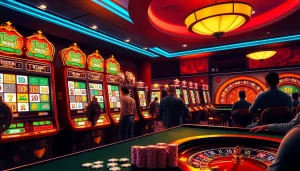 Experience the thrills of Mahjong Ways 2 slot machine gameplay in a vibrant casino atmosphere filled with excitement.