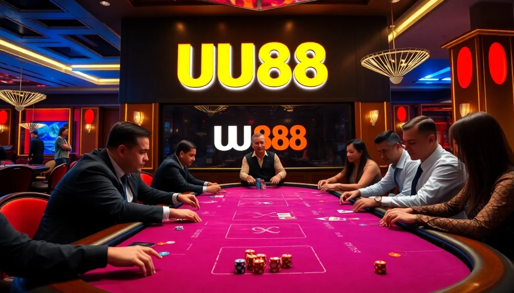 Exciting gambling action at UU88 casino table featuring poker chips and dealers.