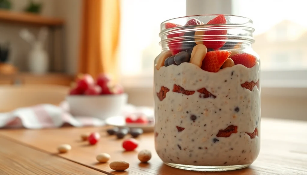 Create a healthy breakfast with https://masonjarbreakfast.com delicious mason jar oats topped with fresh fruits.