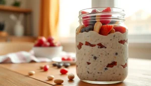 Create a healthy breakfast with https://masonjarbreakfast.com delicious mason jar oats topped with fresh fruits.