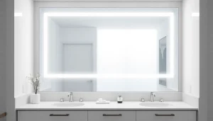 Bright bathroom displaying a mirror and led lights reflecting a stylish design with natural lighting.