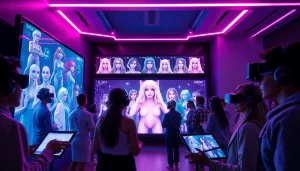 Experience advanced nsfw character ai interactions in a vibrant, futuristic studio with diverse users.