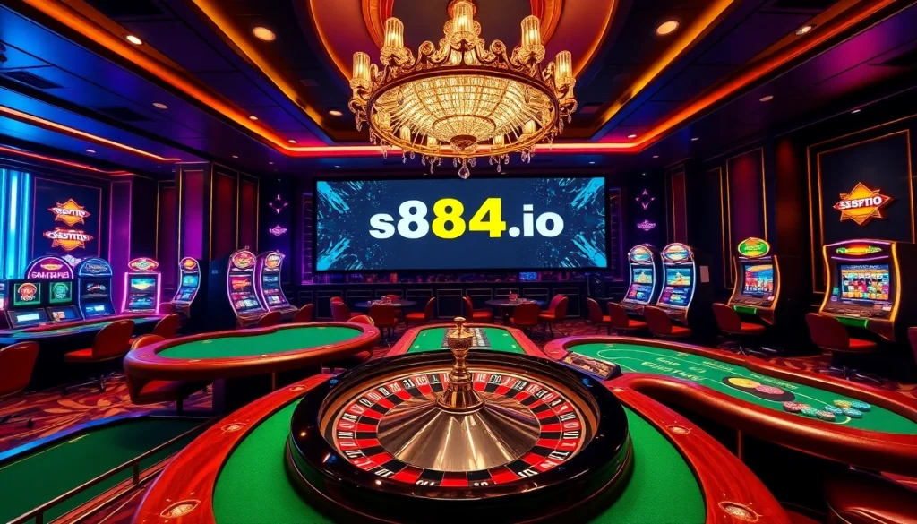 Experience the thrill of online gaming with s88a.io’s elegant casino scene filled with roulette and poker.