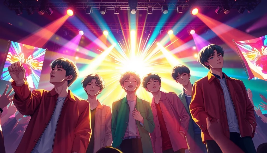 BTS members performing energetically on stage during a live concert.