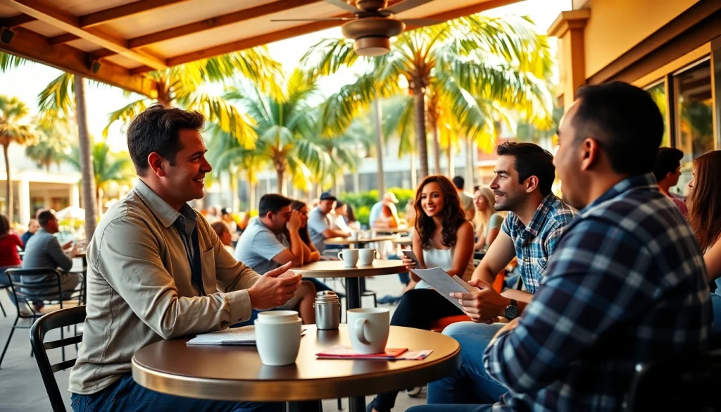 Readers engaging with Tampa Free Press in a vibrant outdoor café setting, fostering community connection.