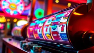 Menang besar dengan slot depo 1k dalam suasana kasino yang ceria dan meriah.
