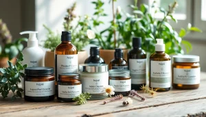 Ekologiska kosmetika pristatyta elegantiškai su natūraliais ingredientais ant medinio paviršiaus