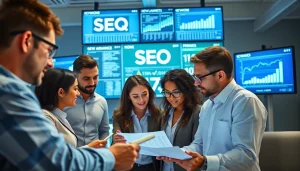 SEO Agentur mit KI analysiert Daten in einem modernen Büro mit digitalen Tools
