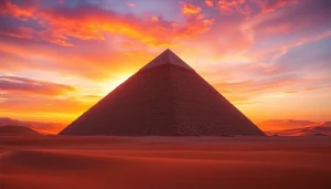 View of ancient piraminds set against a twilight desert landscape.