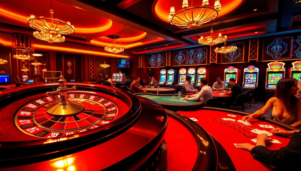 Players engaging in a thrilling casino experience with indoxxi-themed elements, including poker tables and roulette wheels.