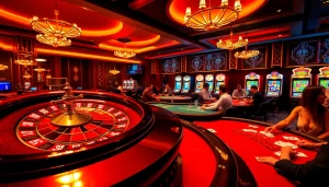 Players engaging in a thrilling casino experience with indoxxi-themed elements, including poker tables and roulette wheels.