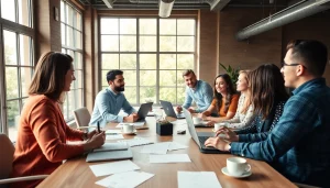 Maeden team collaborating in a bright, innovative workspace during a brainstorming session.