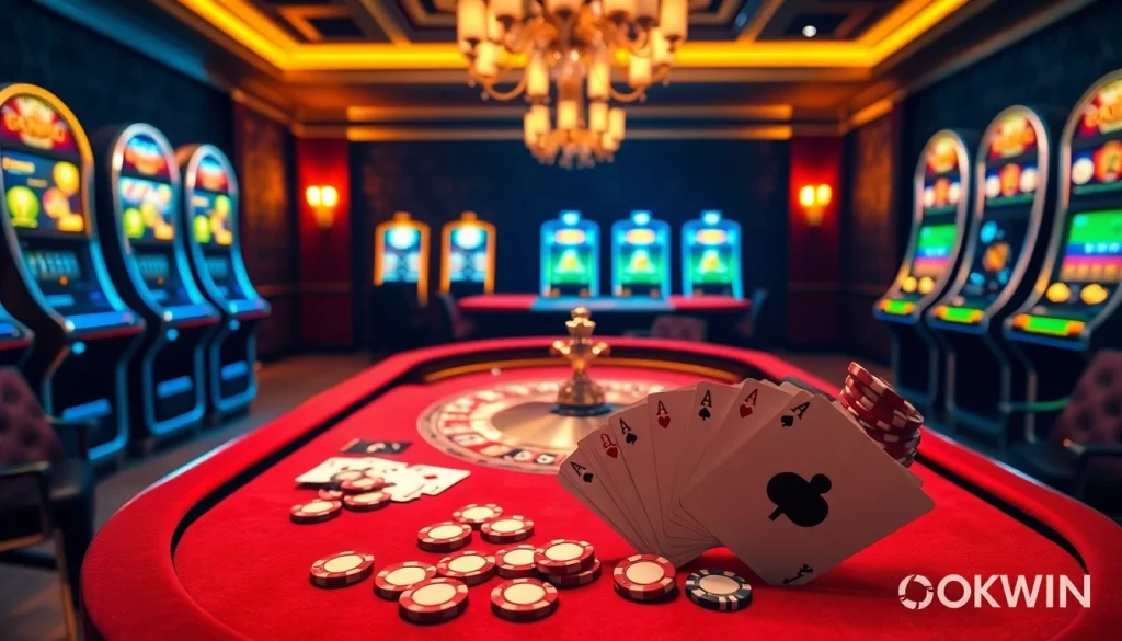 Players enjoying a thrilling gaming experience at OKWIN casino tables with vibrant roulette and slot machines.