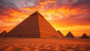 Capture of the ancient piraminds revealing their structures amidst a stunning sunset.