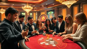 Engaged players betting on sbobet while enjoying baccarat in a luxurious casino setting.