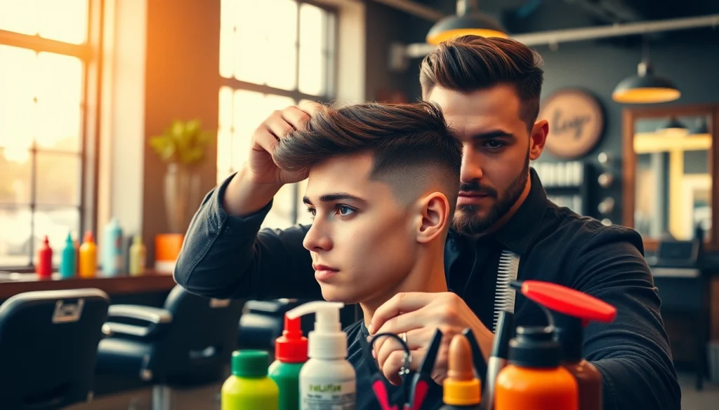 Frizerie Craiova: hairstylist demonstrating precision in a modern barbershop setting.