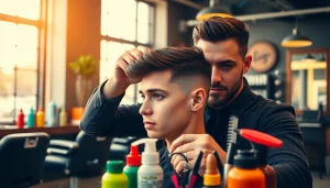 Frizerie Craiova: hairstylist demonstrating precision in a modern barbershop setting.