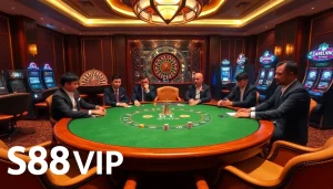 S88VIP features a high-stakes poker table surrounded by focused players, exuding excitement.