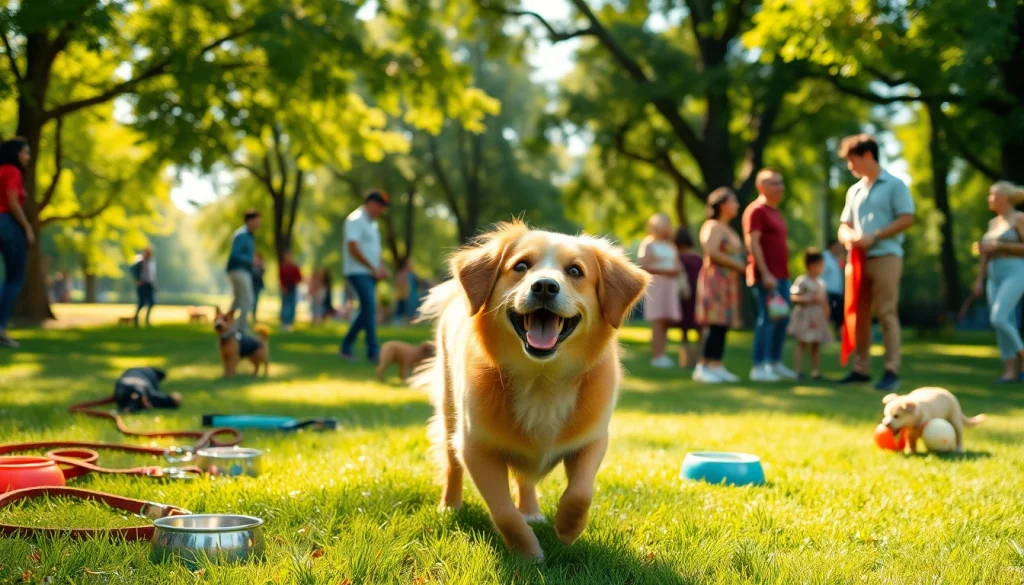 Hondenverzorgers.nl toont een gelukkige hond die speelt in het park met hondenverzorgingsproducten.