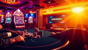 Experience the thrill of רמי אונליין with exciting casino action, featuring vibrant poker tables and roulette wheels.