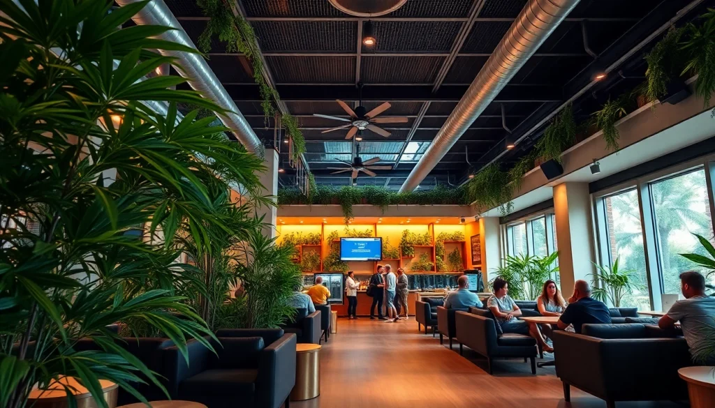 Erlebe die einladende Atmosphäre im Cannabis Club Lloret De Mar mit entspannten Gästen und frischen Pflanzen.