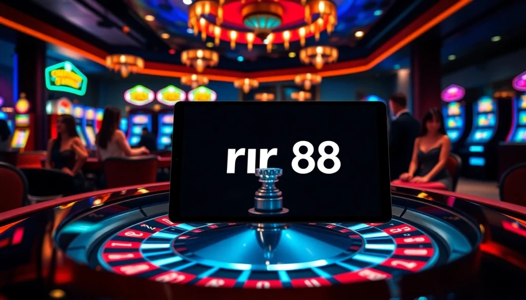 Experience the excitement of rr 88 at a stylish casino table with vibrant roulette wheels and players.