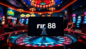 Experience the excitement of rr 88 at a stylish casino table with vibrant roulette wheels and players.