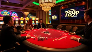 Experience the thrill with 789 P at a luxurious casino, showcasing a vibrant poker table and exciting slot machines.