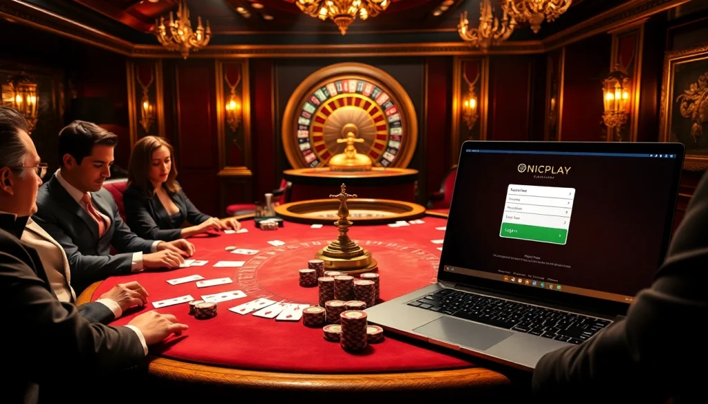 Experience excitement with the Onicplay login interface set against a luxurious casino backdrop.
