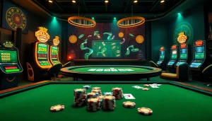 Playing רמי אונליין in an exciting virtual casino environment with colorful cards and slots.