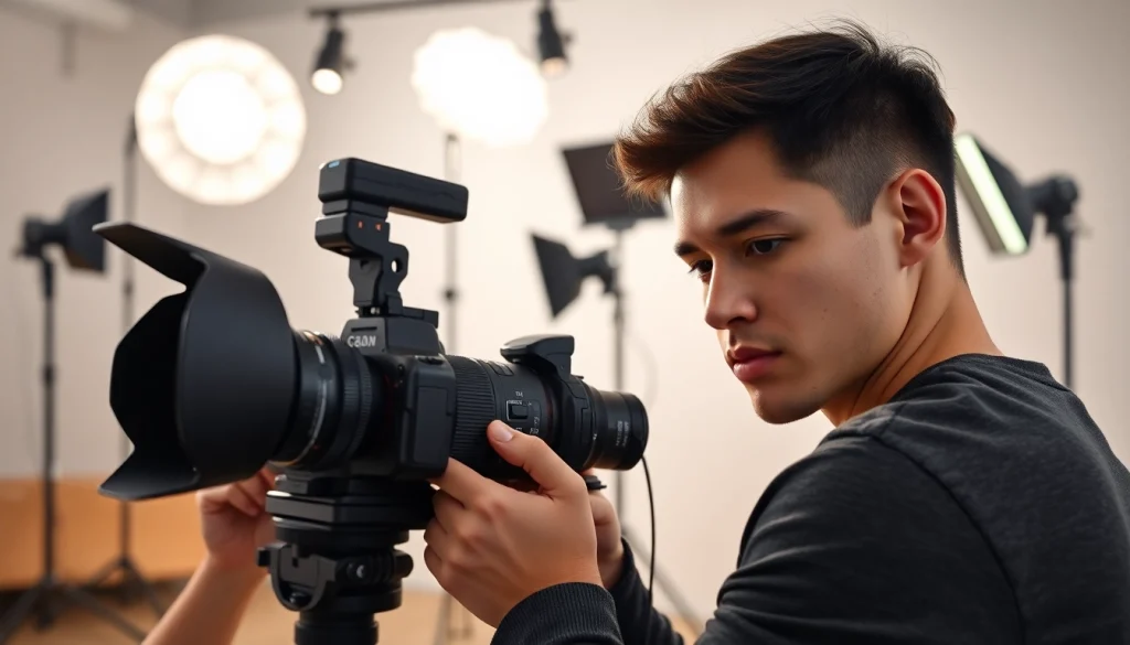 A scene depicting professional photography training with an experienced photographer engaging with a model, showcasing high-end camera techniques.