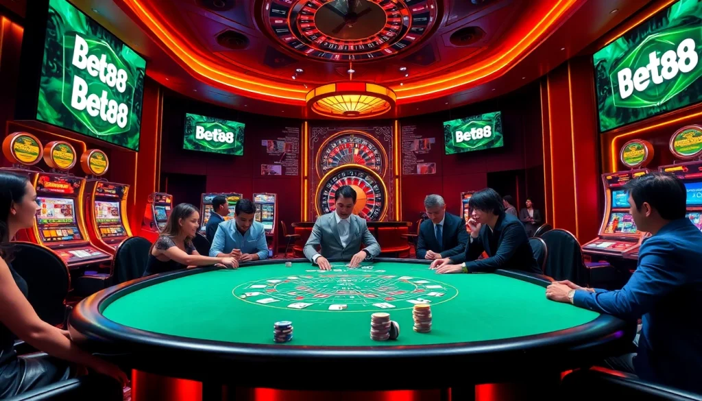 Excited gamblers playing at a Bet88-themed casino table with vibrant colors and luxury ambiance.