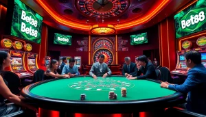 Excited gamblers playing at a Bet88-themed casino table with vibrant colors and luxury ambiance.